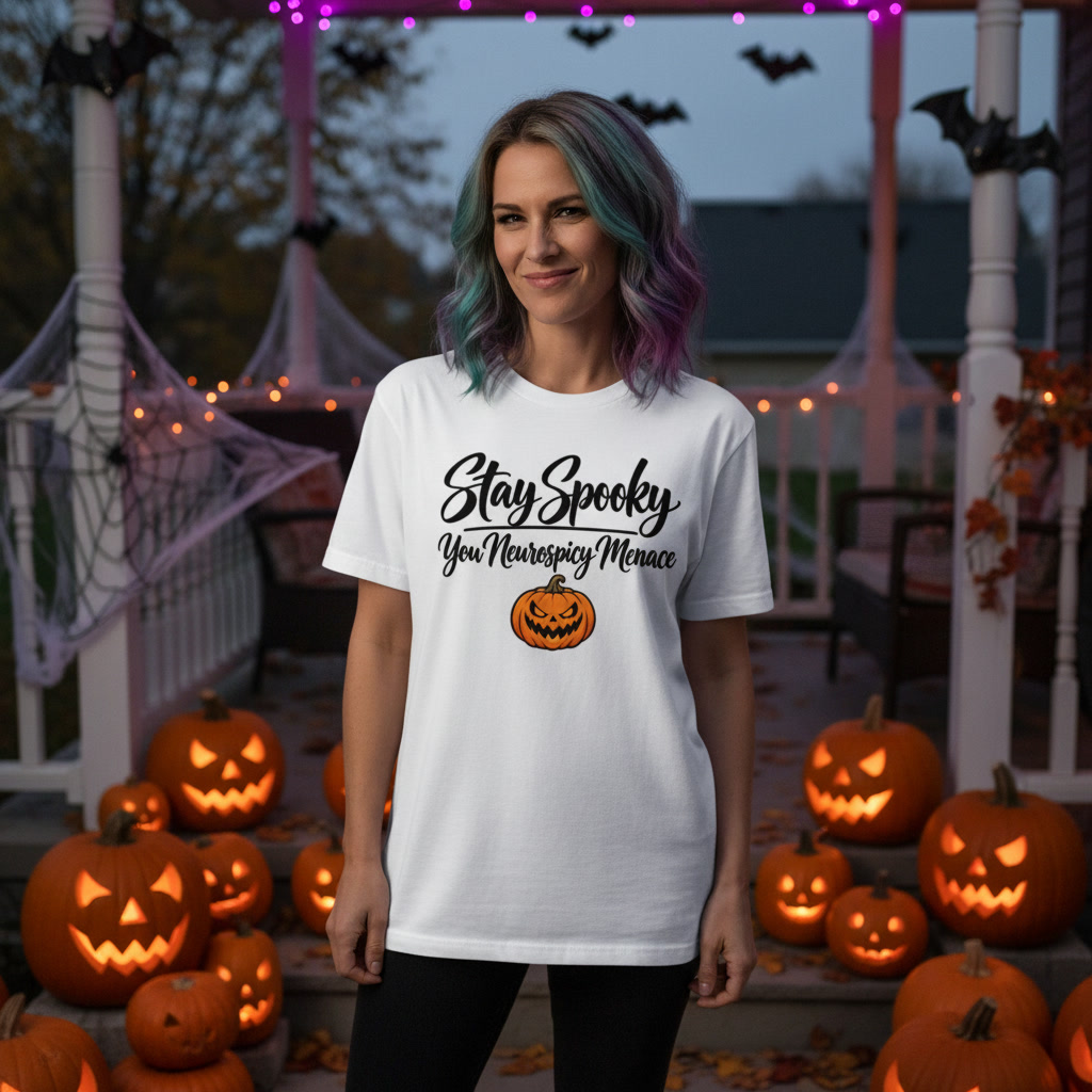 Stay spooky you neurospicy menace White script text tee