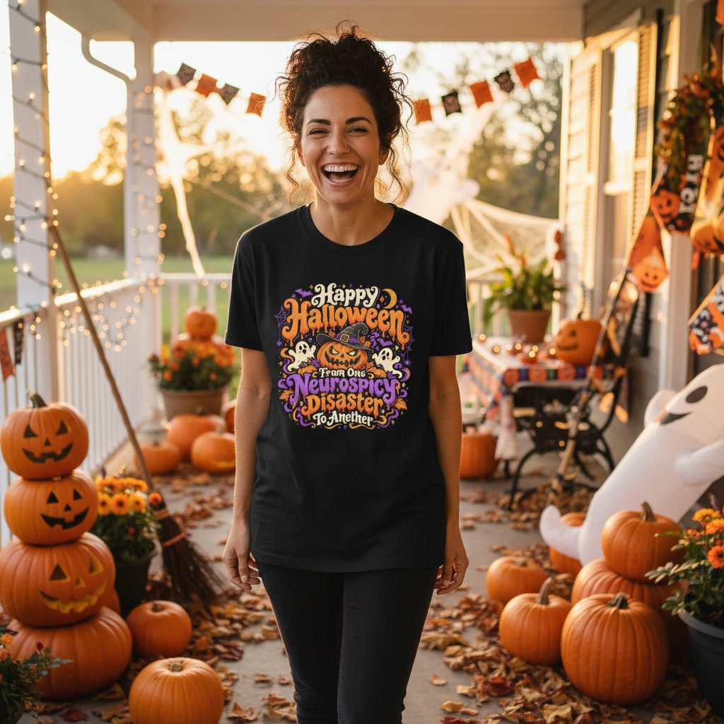 Happy Halloween from one neurospicy disaster to another black graphic tee