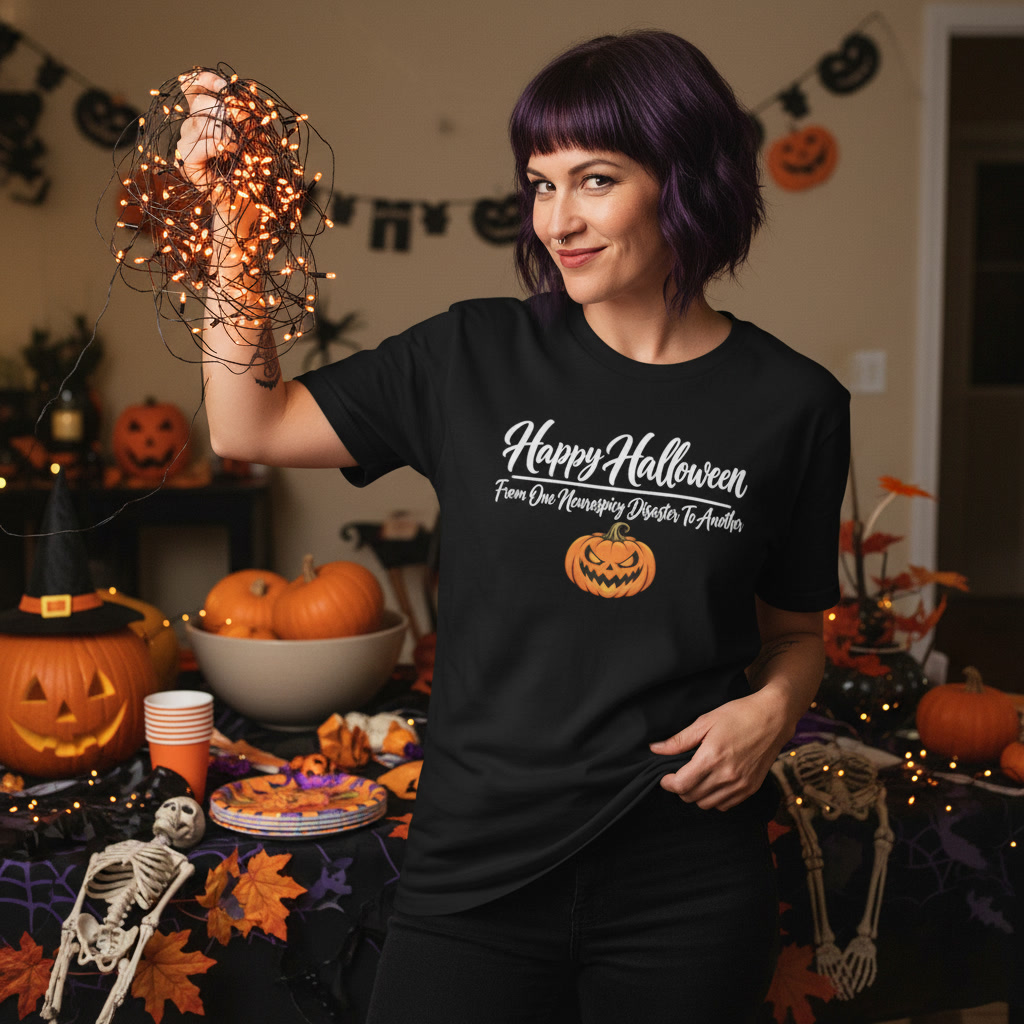 Happy Halloween from one neurospicy disaster to another Black script text tee