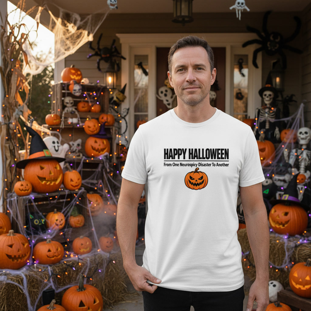 Happy Halloween from one neurospicy disaster to another White plain text tee
