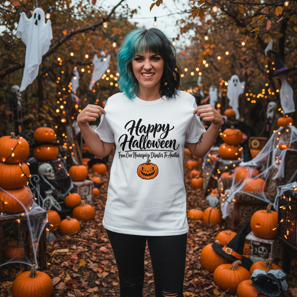 Happy Halloween from one neurospicy disaster to another White script text tee