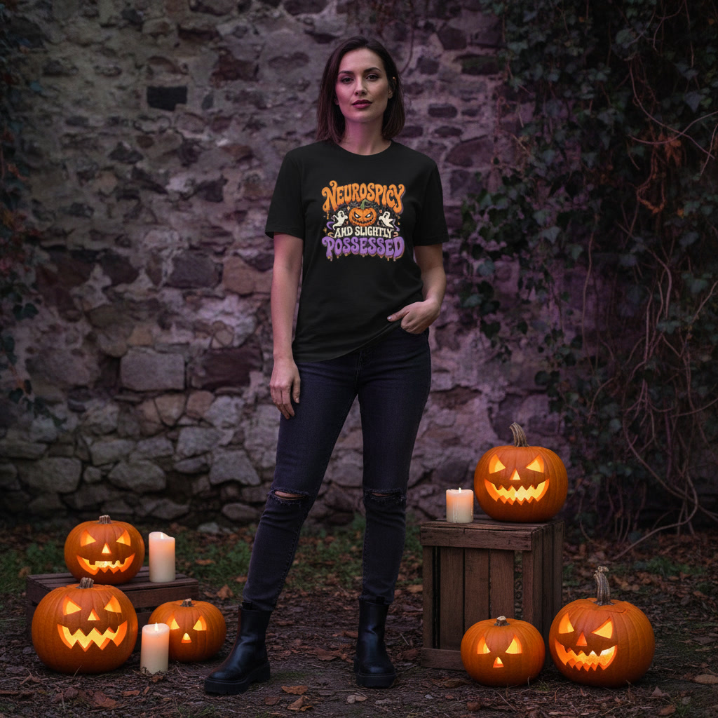 Neurospicy and slightly posessed Black graphic tee